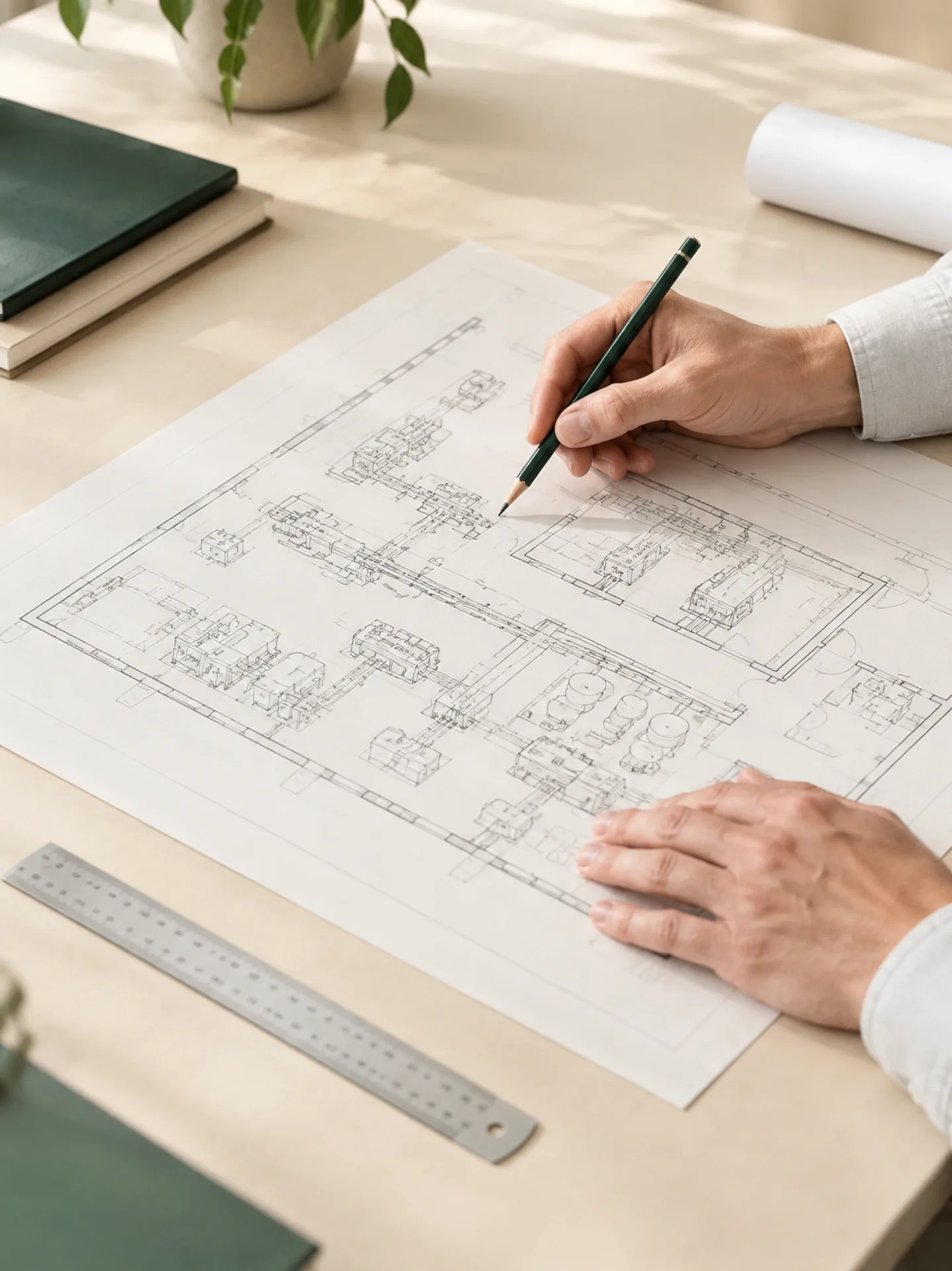 Hands reviewing a technical plan for a production facility.